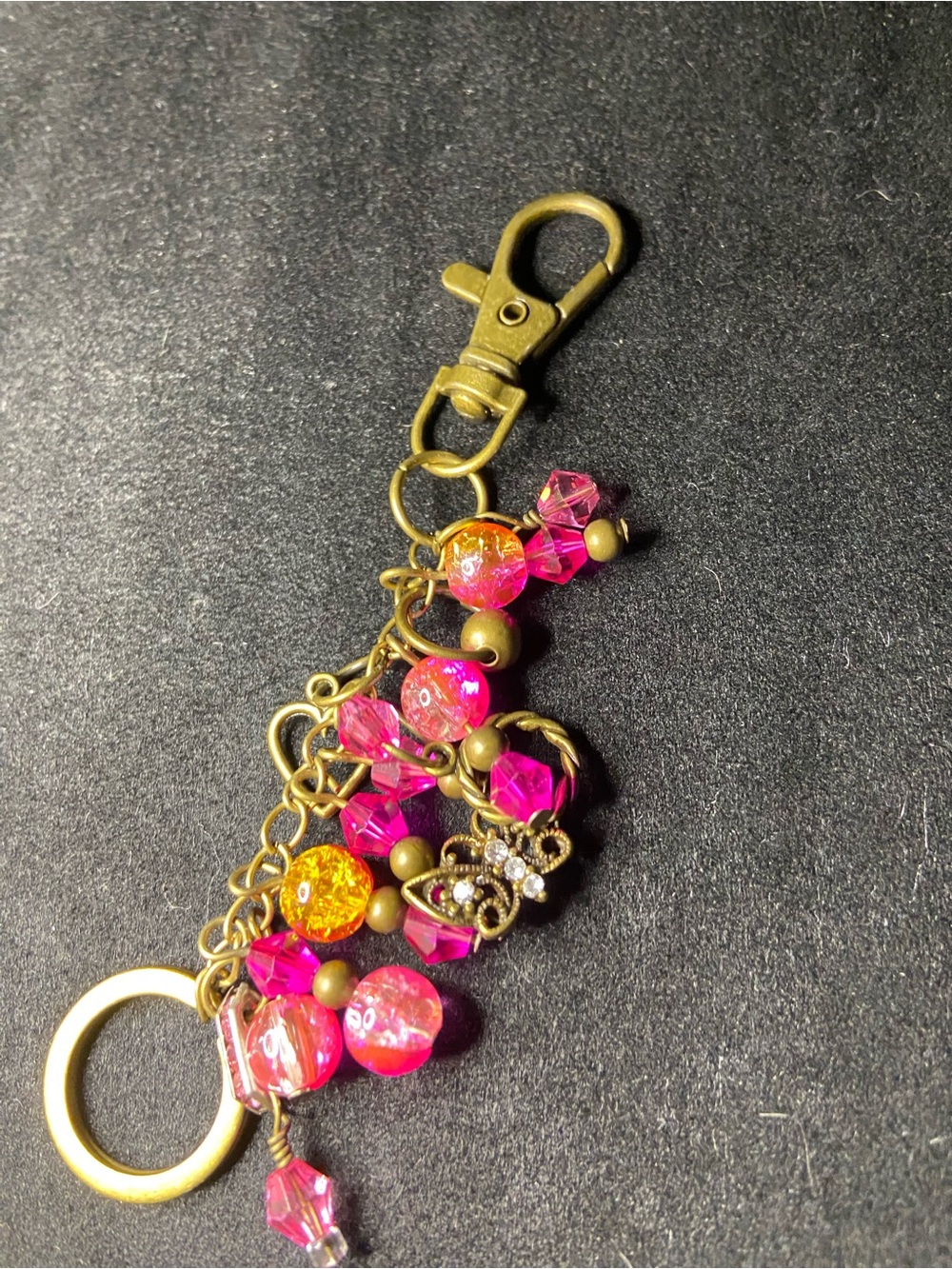 Gold-Tone Keychain Charm with Hot Pink & Orange Beads